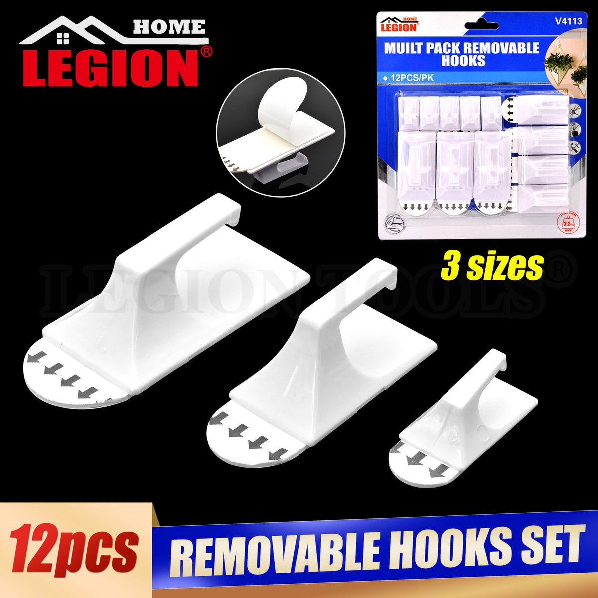 Moveable Hooks Removable Hooks 3 Sizes Self Adhesive Hook Set – Legion Warehouse